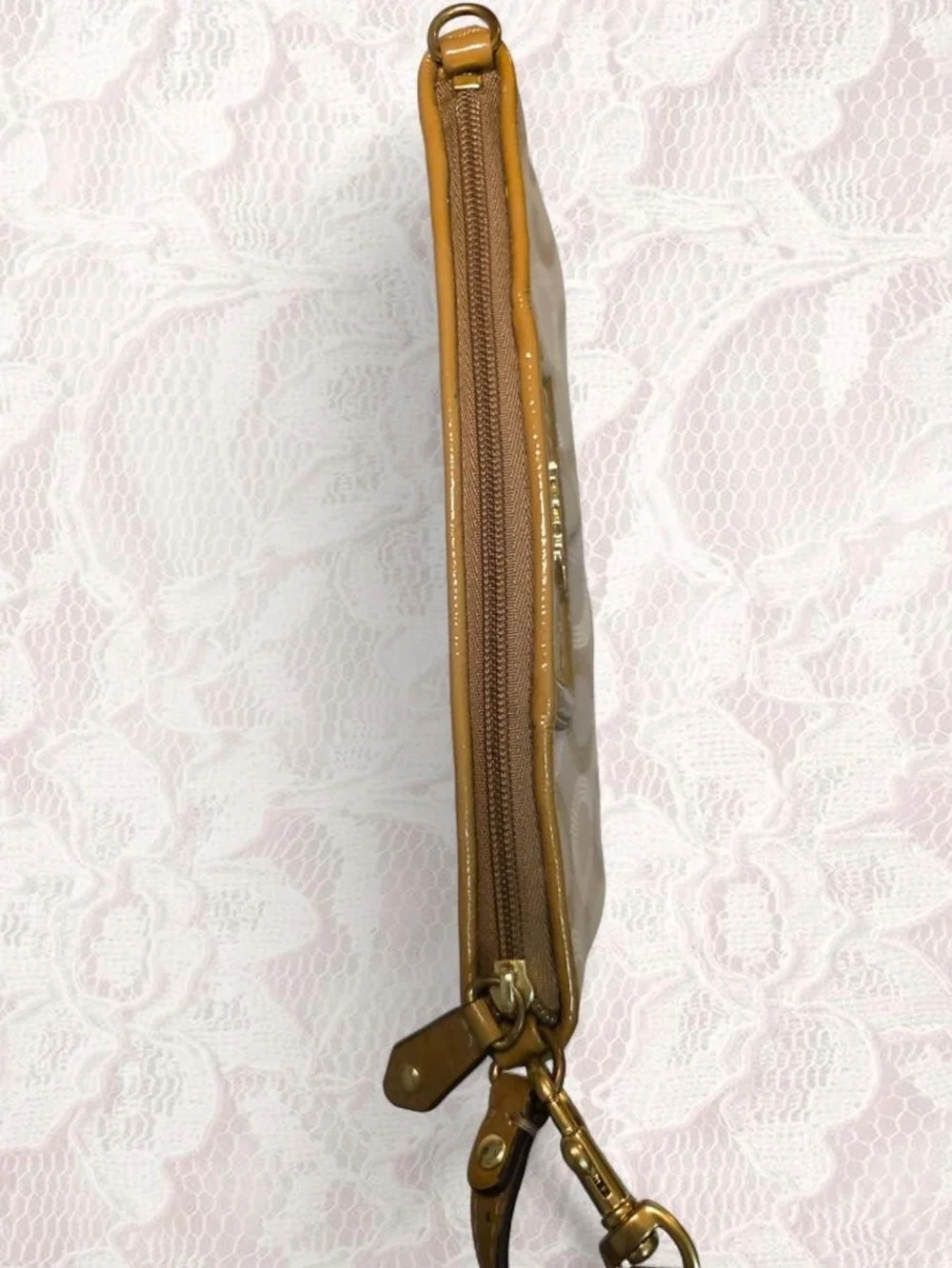 Coach Beige Y2K Signature Wristlet with Tan Leather Trim